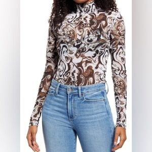 BP. Nordstrom Brown White Marbled Swirl Print Mesh Long Sleeve Turtleneck Top XS